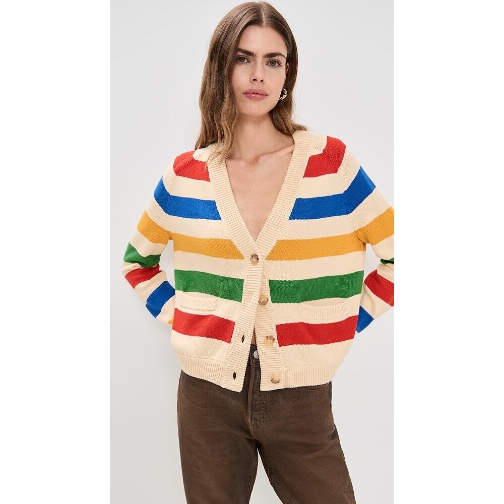 THE GREAT. Cream Cardigan with Red, Blue, Yellow and Green Stripes